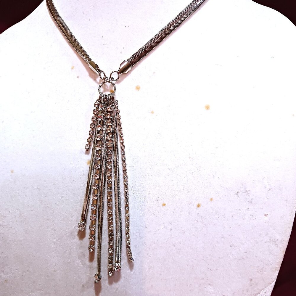 Handmade Silver Tone Rhinestone Sparkle Fringe Fashion Choker Necklace - Picture 3 of 9